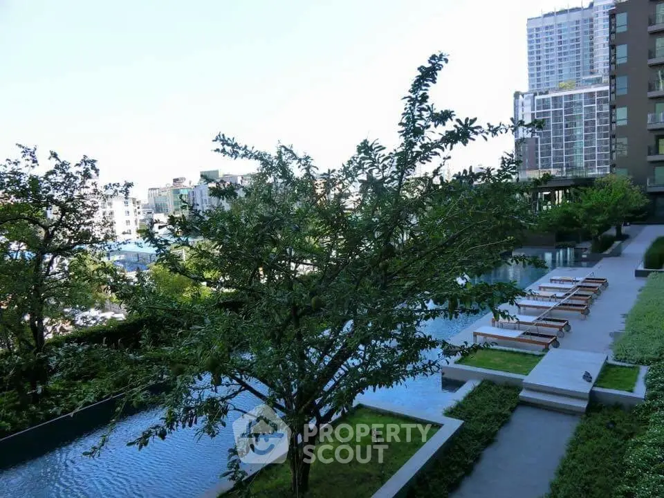 Luxurious urban poolside view with modern architecture and lush greenery.