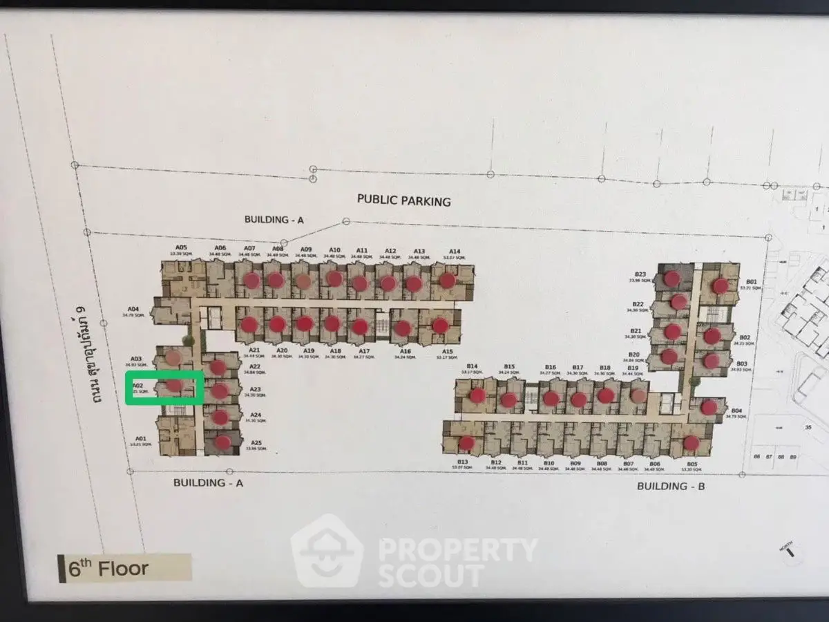 6th floor schematic plan of residential complex with building layout and public parking.