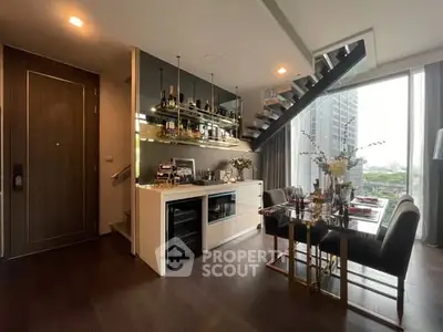 Luxurious modern living room with stylish dining area and staircase, featuring floor-to-ceiling windows and elegant decor.