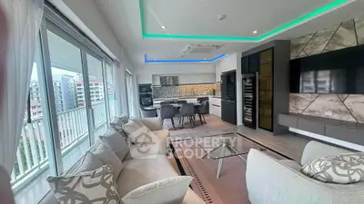 Luxurious modern living room with open kitchen and stunning balcony view