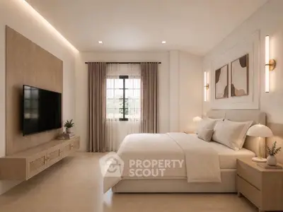 Elegant modern bedroom with neutral tones, large window, and stylish decor.