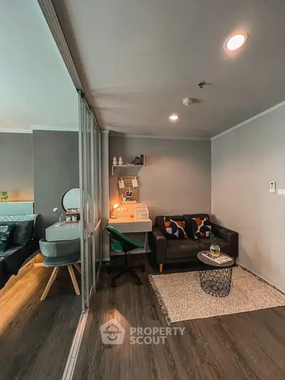 Modern living room with cozy seating and stylish decor