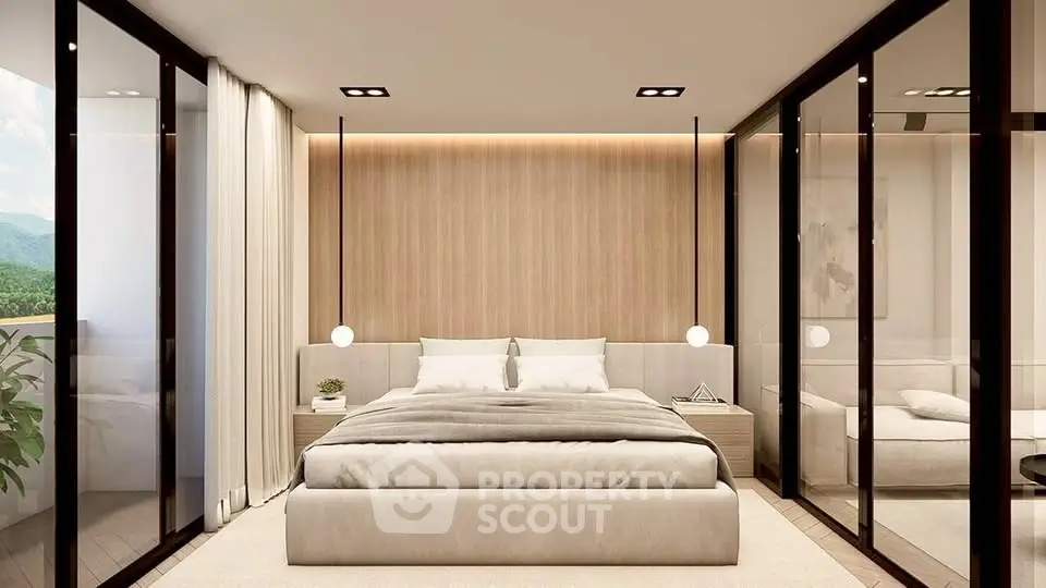 Luxurious modern bedroom with glass walls and elegant lighting