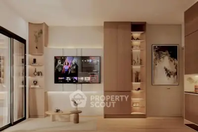 Modern living room with stylish wooden cabinetry and wall-mounted TV, perfect for entertainment.