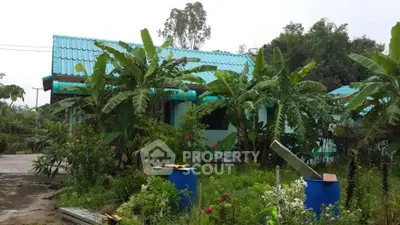 Charming tropical house with lush garden and blue roof