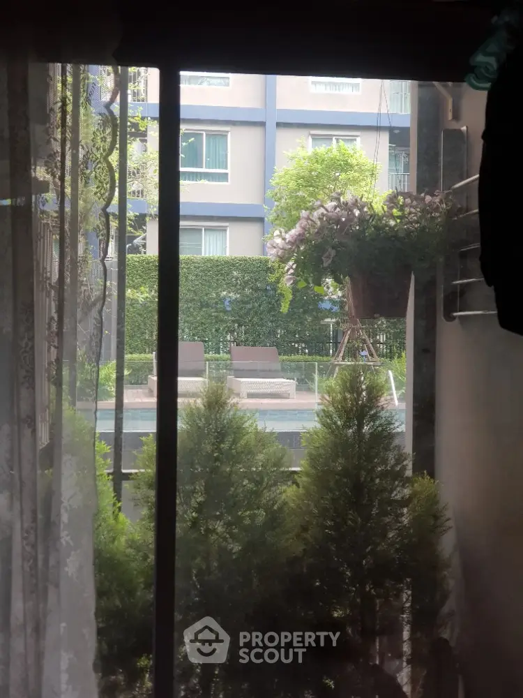 Charming poolside view from window with lush greenery and cozy ambiance