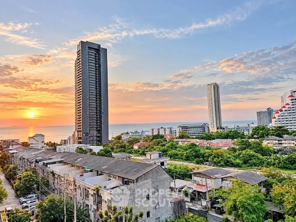 Stunning cityscape view with modern high-rise buildings at sunset, perfect for urban living enthusiasts.