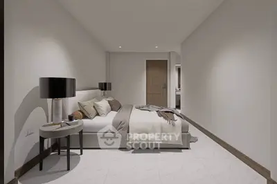 Modern minimalist bedroom with sleek design and neutral tones, featuring a cozy bed and stylish lighting.