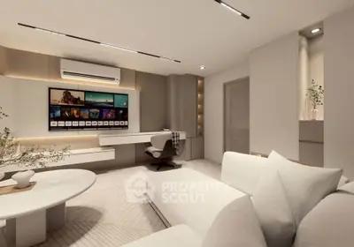 Luxurious modern living room with sleek design and integrated entertainment system.