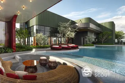 Luxurious modern poolside area with stylish seating and lush greenery