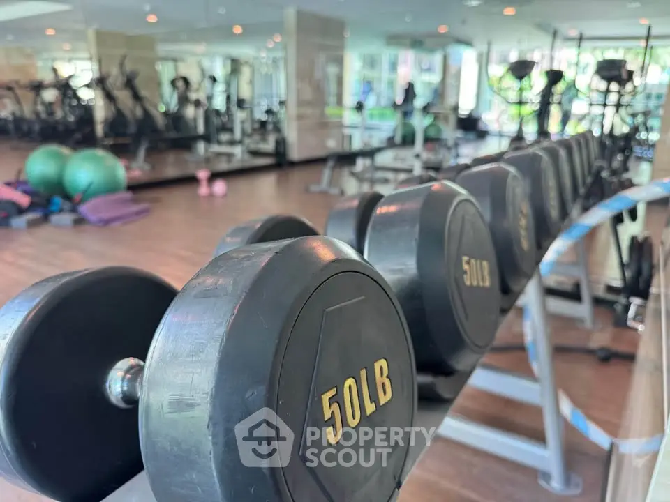 Modern gym with state-of-the-art equipment and weights in a luxury residential building.