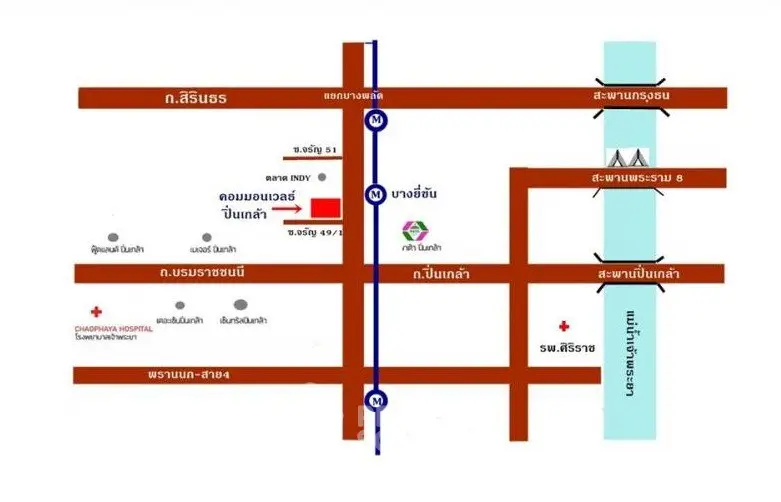 Map showing location of Condo Manor Pin Klao with nearby landmarks and transportation routes.