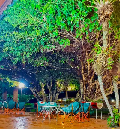 Charming garden with lush greenery and cozy seating area, perfect for outdoor relaxation and gatherings.