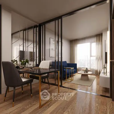 Modern open-plan living room with elegant dining area and large windows.