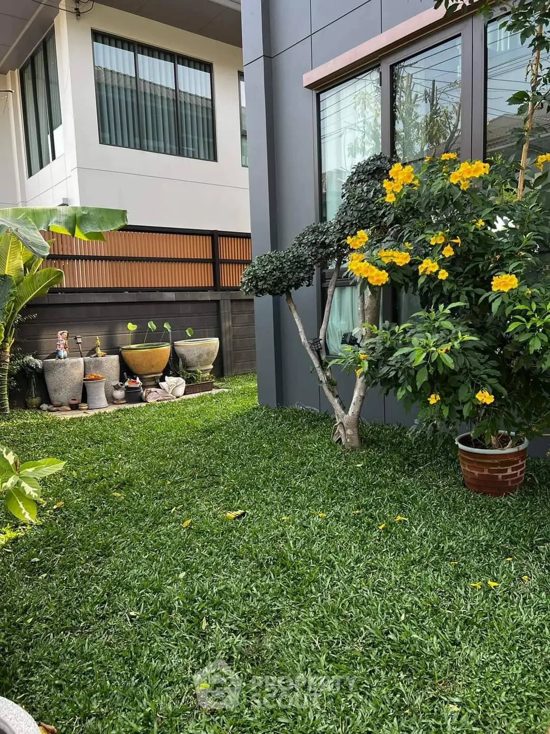 Charming garden view of modern home with lush greenery and vibrant flowers, perfect for nature lovers.