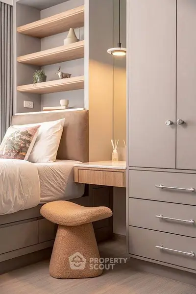 Modern bedroom with built-in storage and cozy lighting