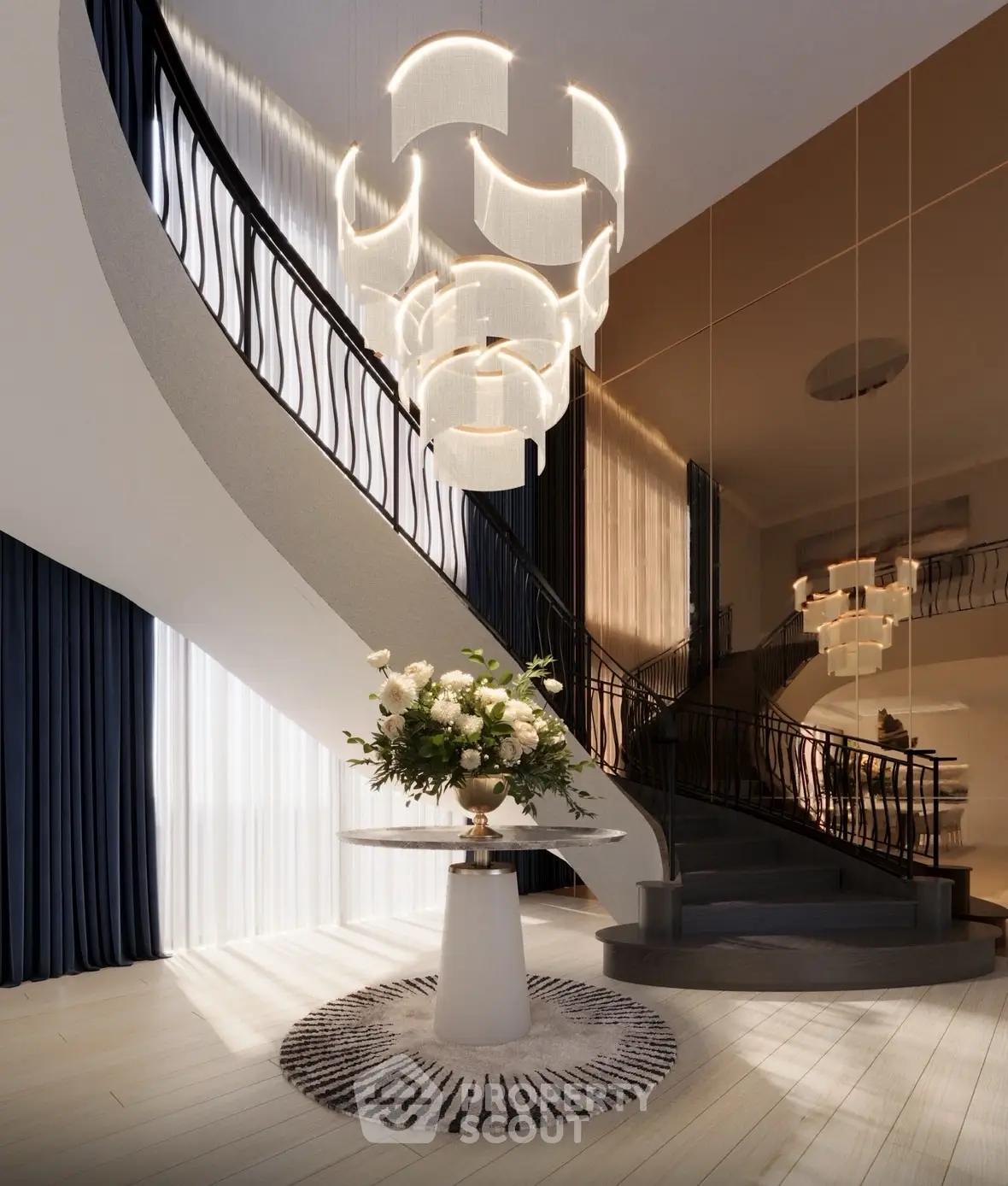 Luxurious spiral staircase with elegant chandelier in modern home entrance