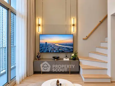 Modern living room with stylish decor and large TV, featuring a staircase and floor-to-ceiling windows.