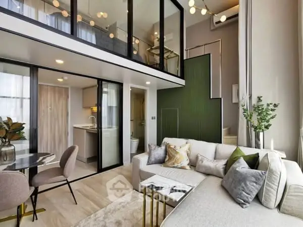 Luxurious modern living room with mezzanine and stylish decor