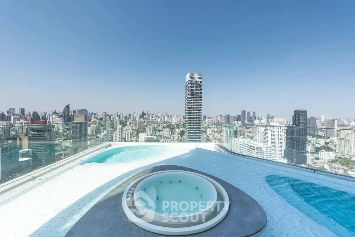Stunning rooftop pool with panoramic city skyline views in a luxury high-rise building.