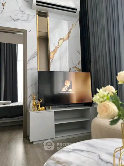 Luxurious modern living room with marble accents and elegant decor
