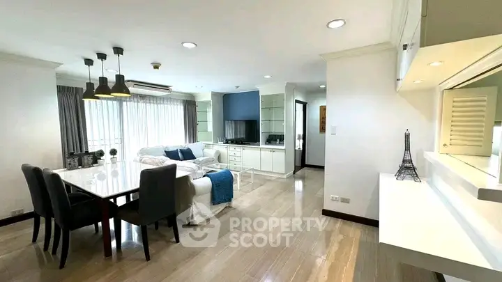 Spacious modern living room with dining area and elegant decor