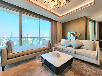 Luxurious living room with stunning city view and elegant furnishings