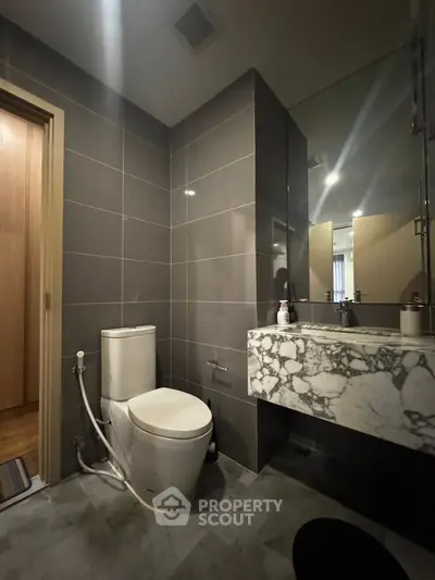 Modern bathroom with sleek gray tiles and elegant marble sink