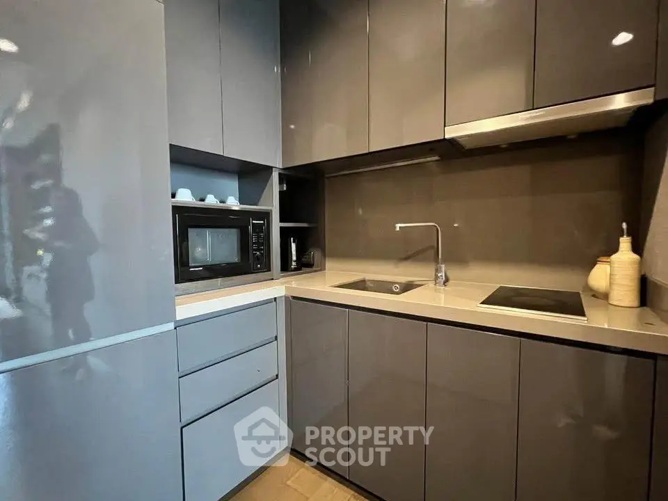 Modern compact kitchen with sleek cabinetry and built-in appliances