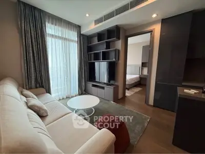 Modern living room with cozy sofa and stylish shelving unit