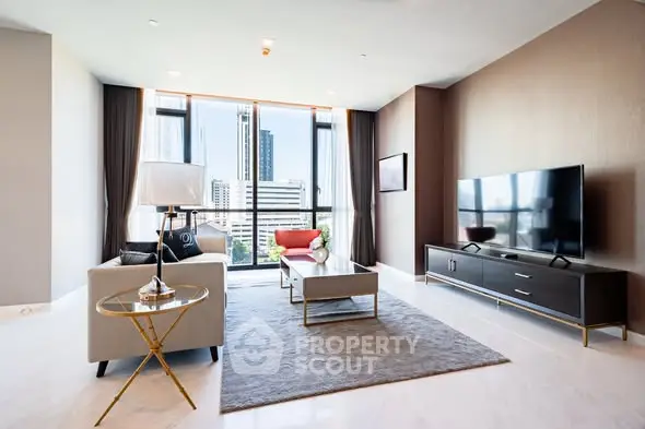 Luxurious modern living room with city view, stylish furniture, and large TV.