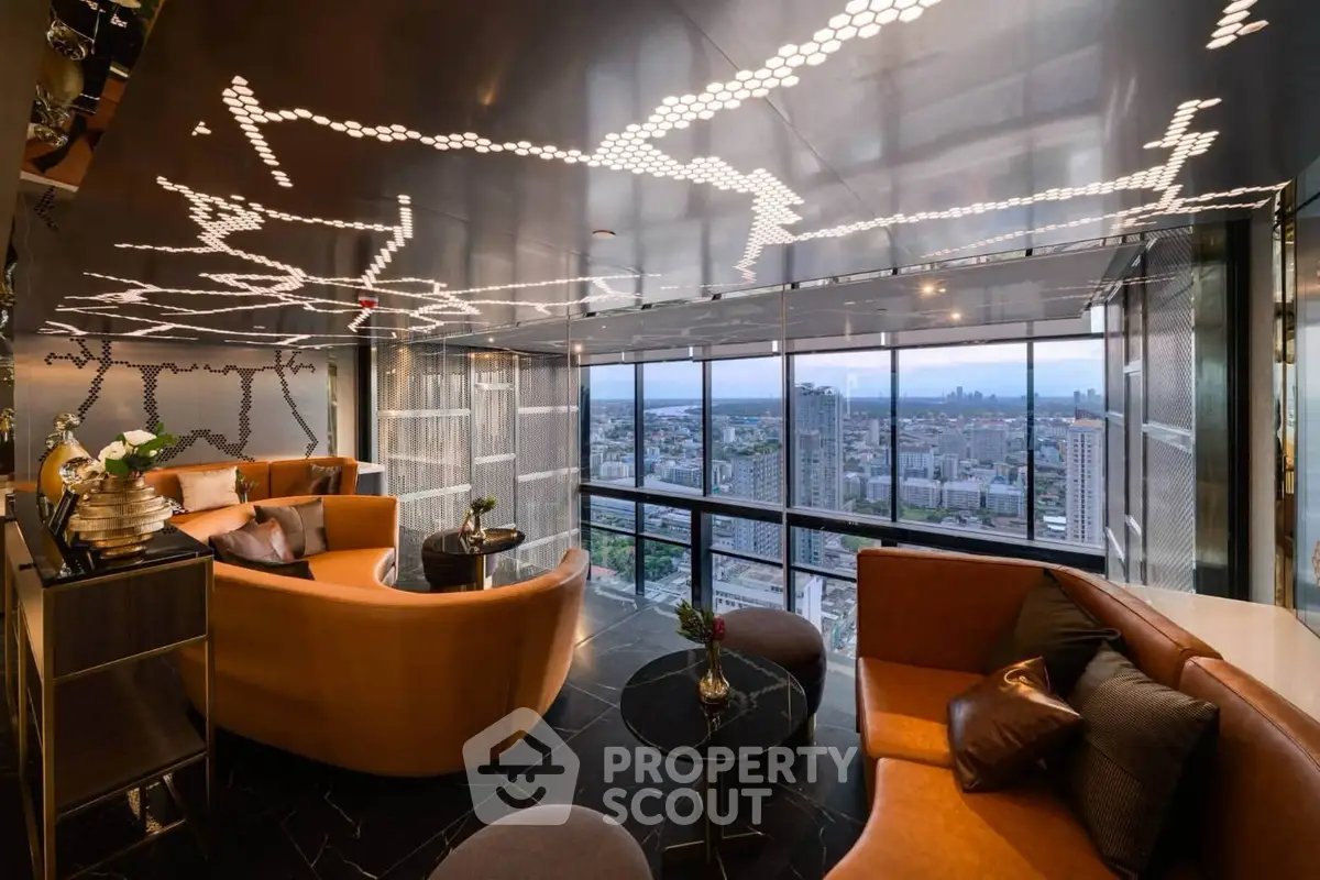 Luxurious living room with panoramic city view and modern lighting design