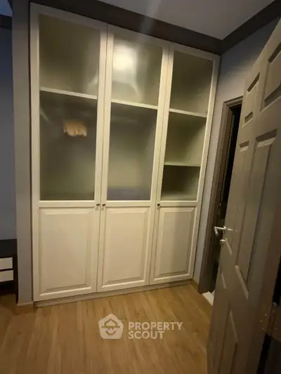 Spacious storage closet with frosted glass doors in modern interior