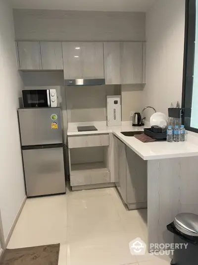 Modern compact kitchen with sleek cabinetry and appliances in a stylish apartment.