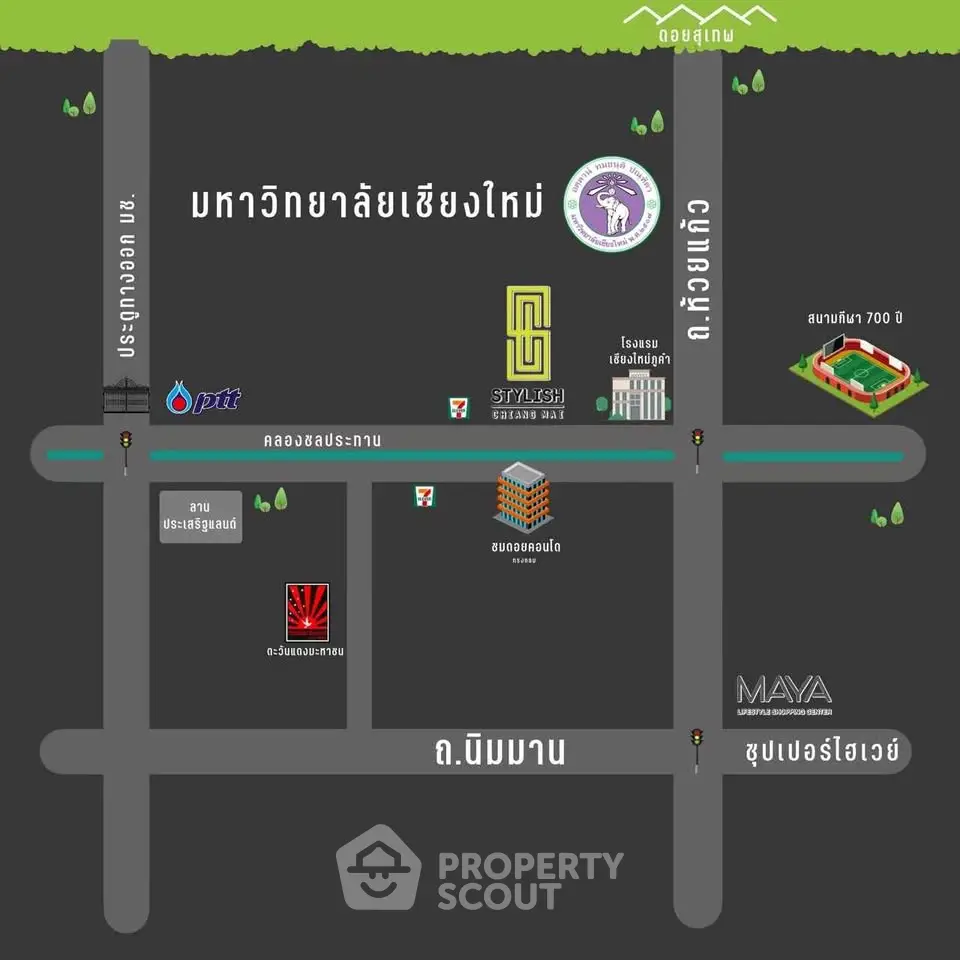 Map showing location of Chiang Mai University and nearby landmarks like MAYA Lifestyle Shopping Center.