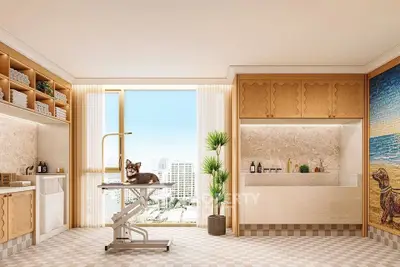 Luxurious pet grooming room with city view and elegant decor