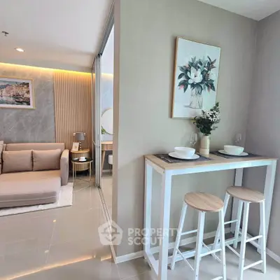 Modern living room with stylish decor and cozy seating area