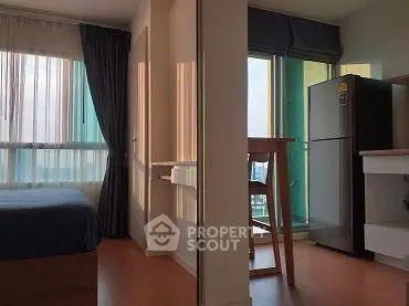 Modern apartment interior with cozy bedroom and kitchen area, featuring large windows and natural light.
