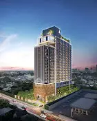 Stunning high-rise building with modern architecture and rooftop garden at sunset.