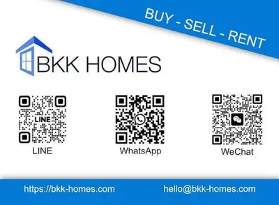 BKK Homes contact information with QR codes for LINE, WhatsApp, and WeChat.