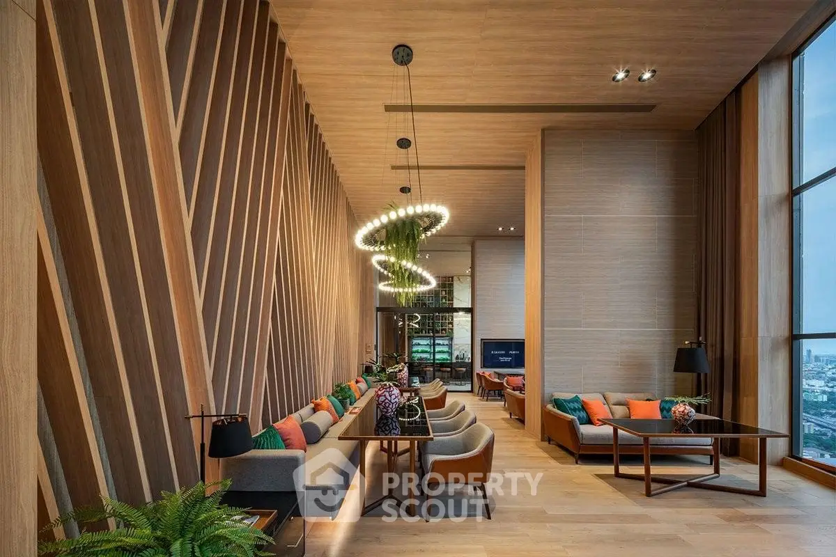 Luxurious modern living room with high ceilings and panoramic city views
