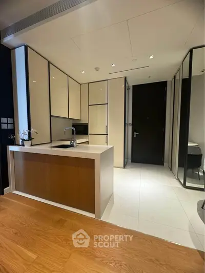Modern kitchen with sleek cabinetry and island in luxury apartment