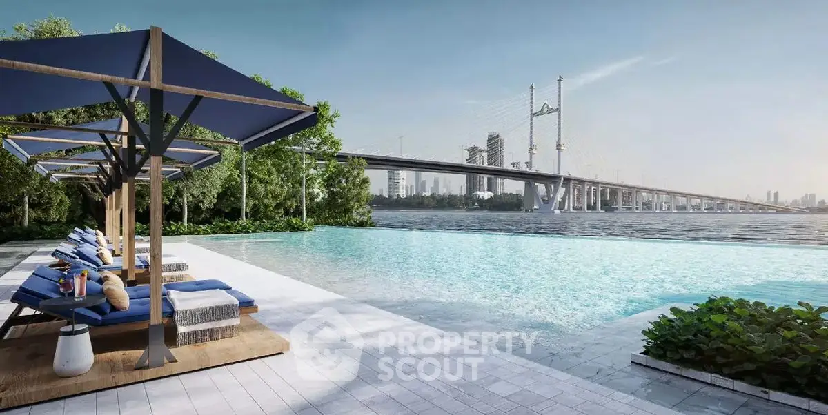 Luxurious poolside view with city skyline and bridge in the background, perfect for relaxation.