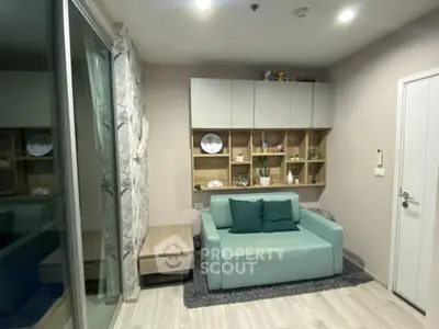 Modern living room with stylish furniture and built-in storage