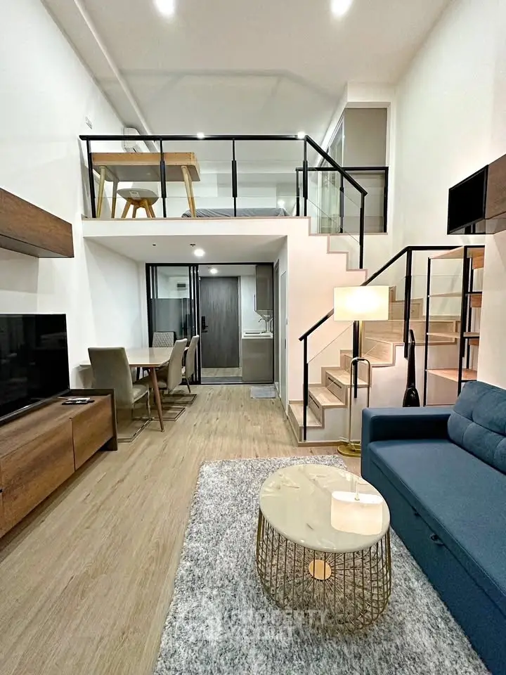 Modern loft apartment with stylish living room and mezzanine dining area