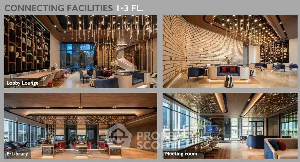 Luxurious lobby lounge and e-library with modern design and elegant lighting on floors 1-3.