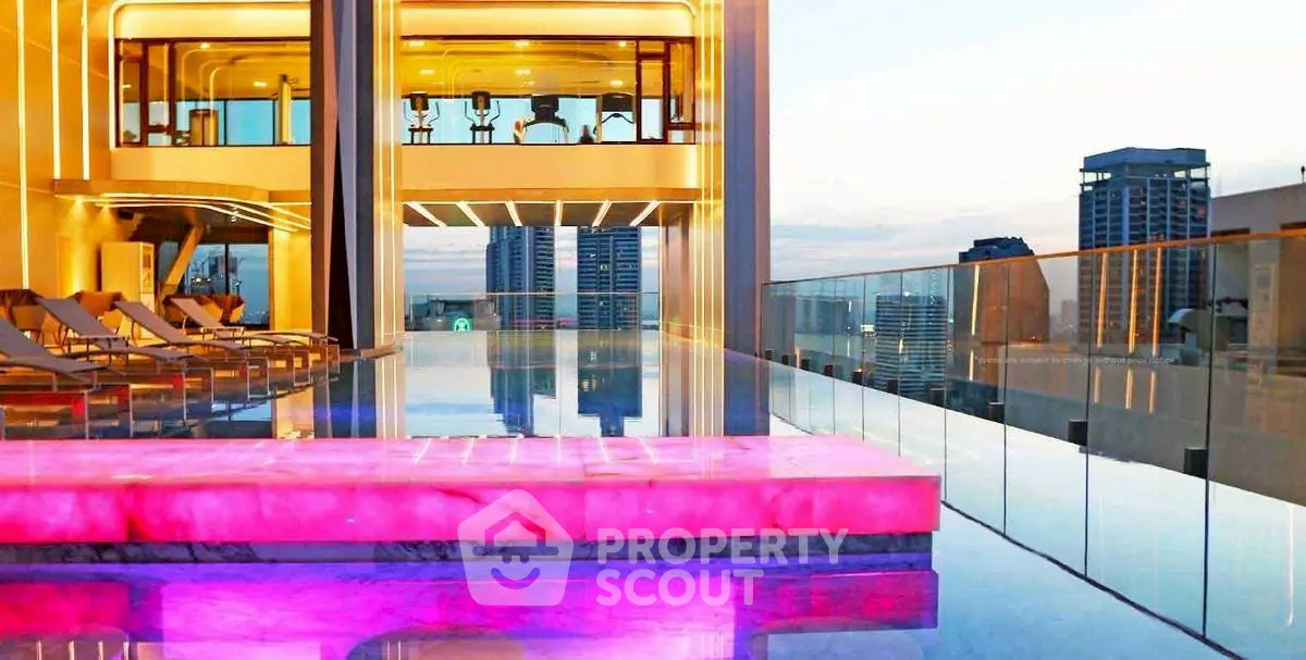 Luxurious rooftop pool with stunning city skyline views and modern architecture.