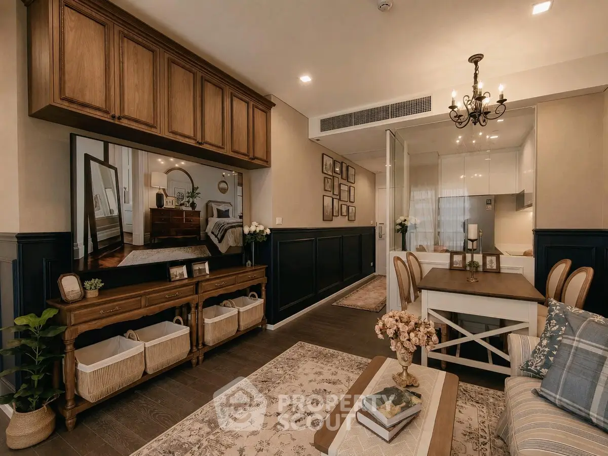 Charming living and dining area with elegant decor and warm lighting, perfect for cozy gatherings.