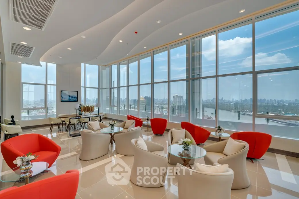 Luxurious high-rise lounge with panoramic city views and modern seating.