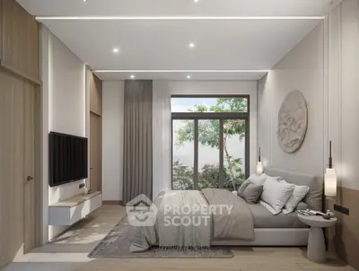 Luxurious modern bedroom with elegant decor and large window offering serene garden view.